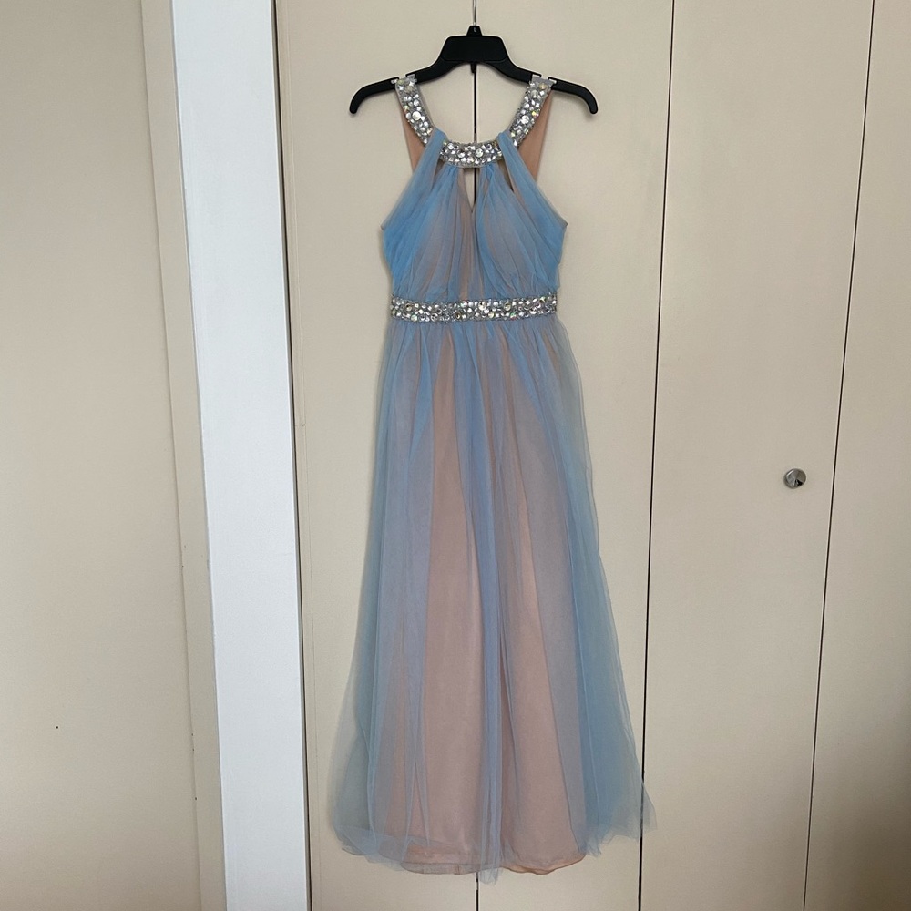 Jewel Embellished Peach Prom Dress With Blue Tulle